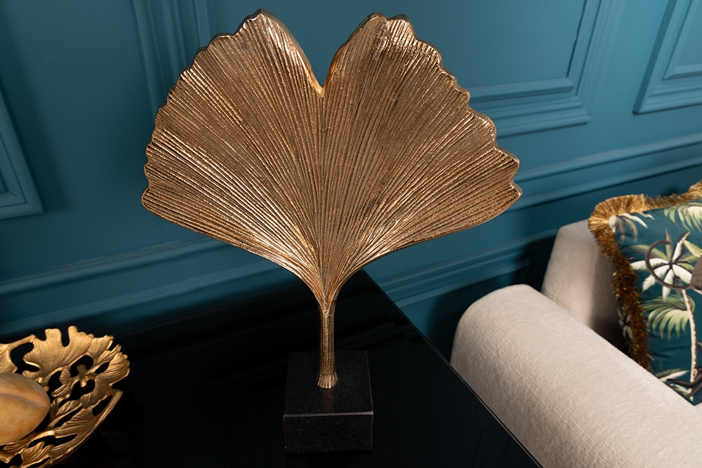 Dekorative Skulptur GINKGO LEAF 44cm gold handmade Metall mit Marmorsockel