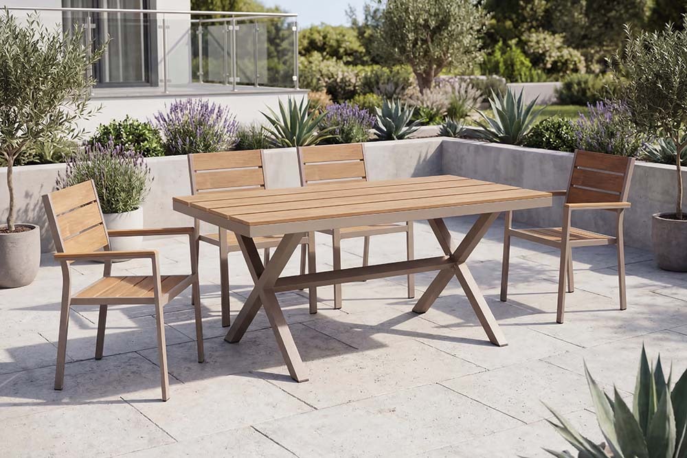 Moderner Gartentisch DESIGNO 150cm natur greige Aluminium wetterfest X-Gestell
