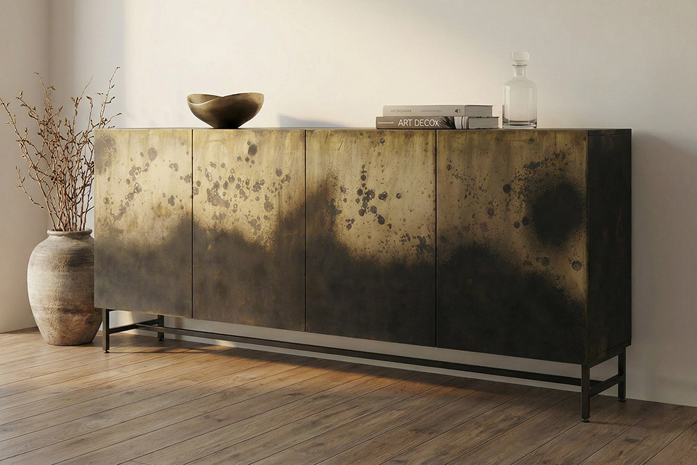 Exklusives Sideboard OXID 180cm schwarz gold massives Mangoholz Metall Soft Close