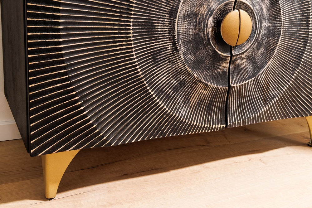 Massives Sideboard GOLDEN SUNSET 100cm schwarz Mangoholz 3D Schnitzerei gold Metall