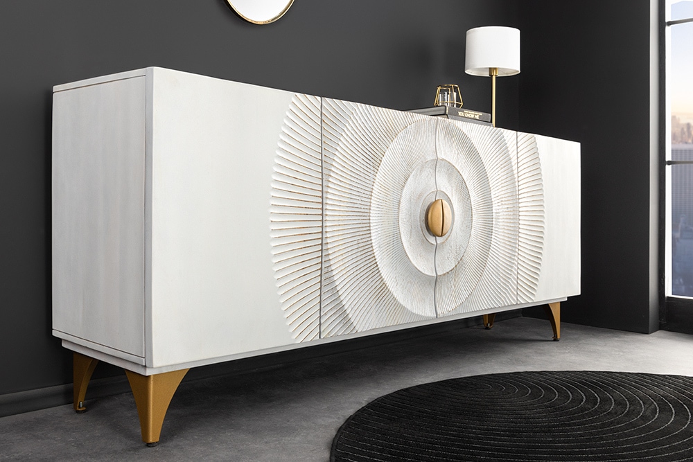Handgearbeitetes Sideboard GOLDEN SUNSET 180cm weiß gold Mangoholz Metallbeine