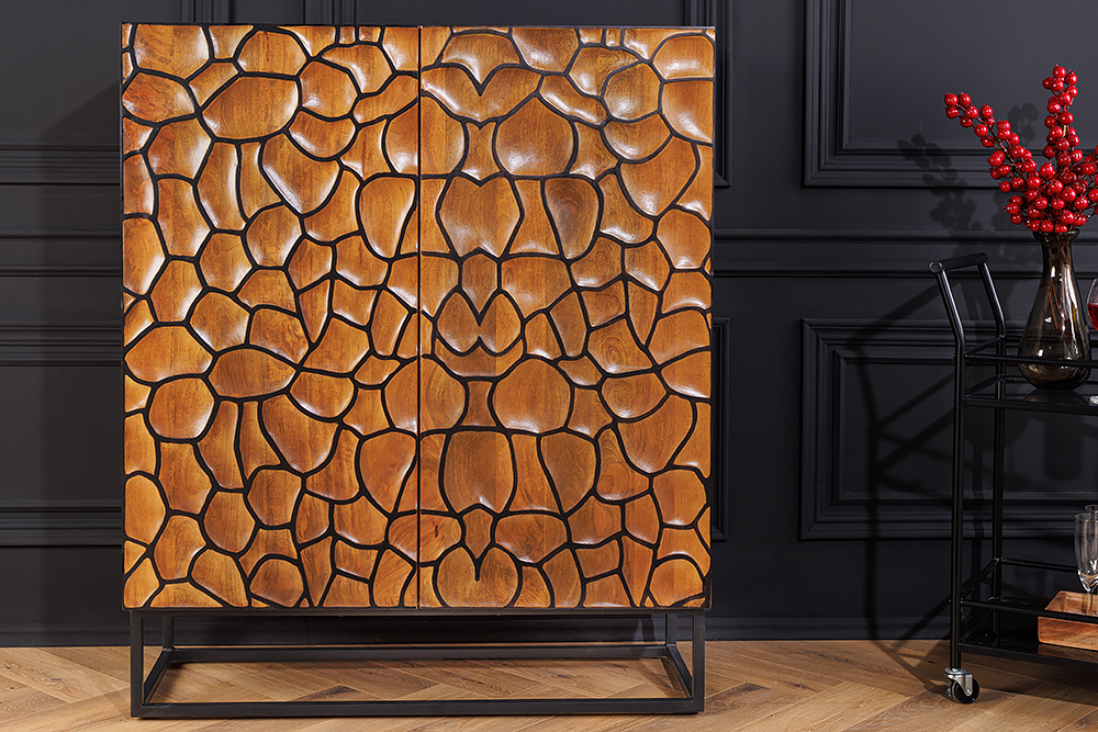 Massivholz Highboard VULCANO 120cm braun Mangoholz mit 3D Schnitzereien handmade Metallgestell schwarz