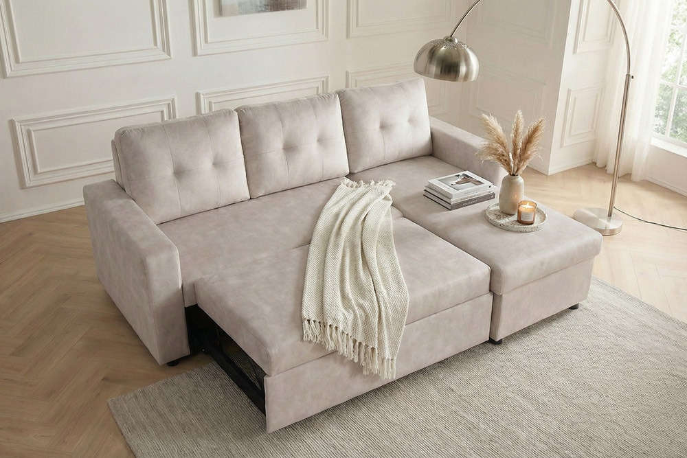 Ecksofa mit Schlaffunktion APARTMENT beidseitig aufbaubar champagner beige Samt inkl. Stauraum