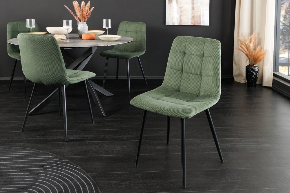 Moderner Design Stuhl TRES CHIC grün Cord schwarze Metallbeine Esszimmer