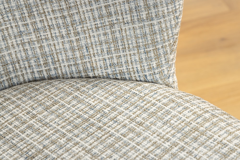 Design Stuhl LYON blau kariert Bouclé schwarze Metallbeine
