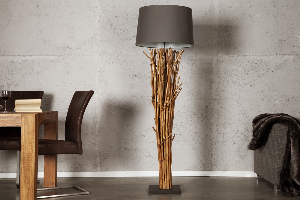 Design Treibholz Stehlampe EUPHORIA 180cm grau mit Leinenschirm