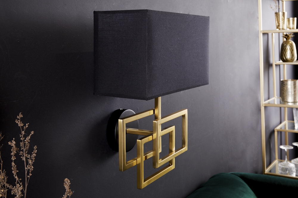 Moderne Wandleuchte ATLANTIS 44cm gold Stoffschirm schwarz Lampe