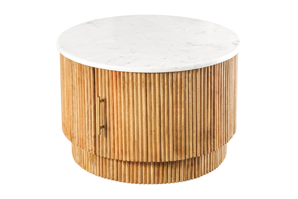 Runder Couchtisch TRES CHIC 60cm weiß Marmor natur Mangoholz mit Stauraum