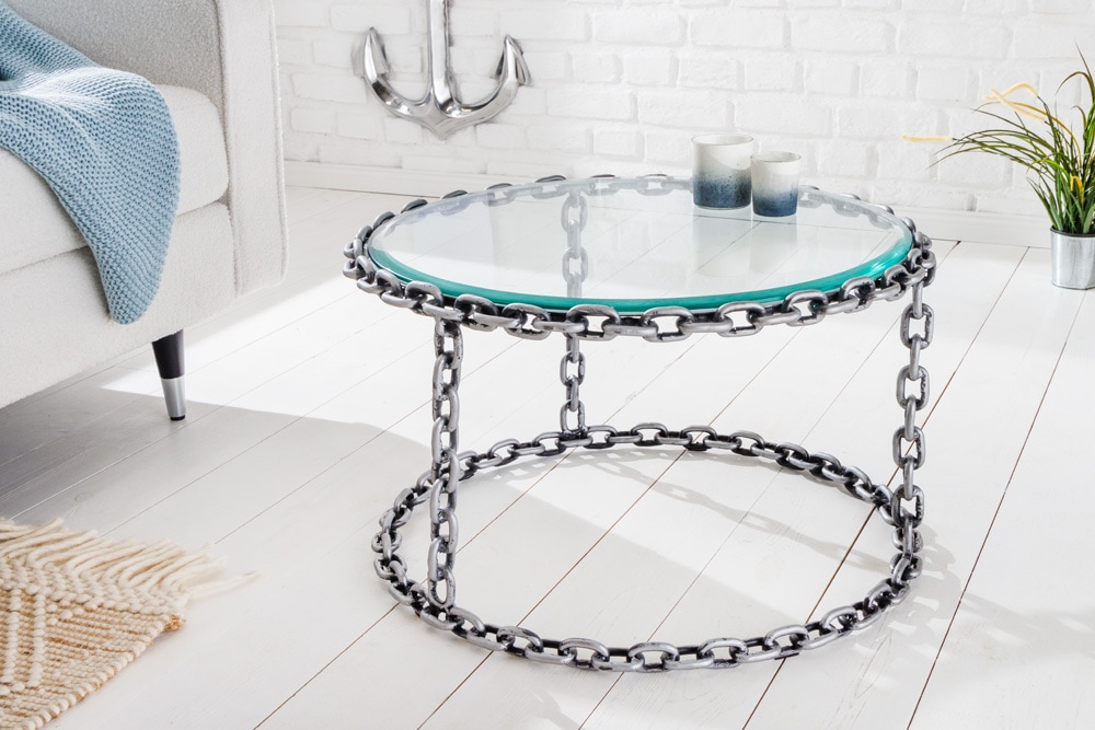 Design Couchtisch CHAINS 65cm silber handmade Metall rund Glasplatte Kettengestell » Jetzt kaufen