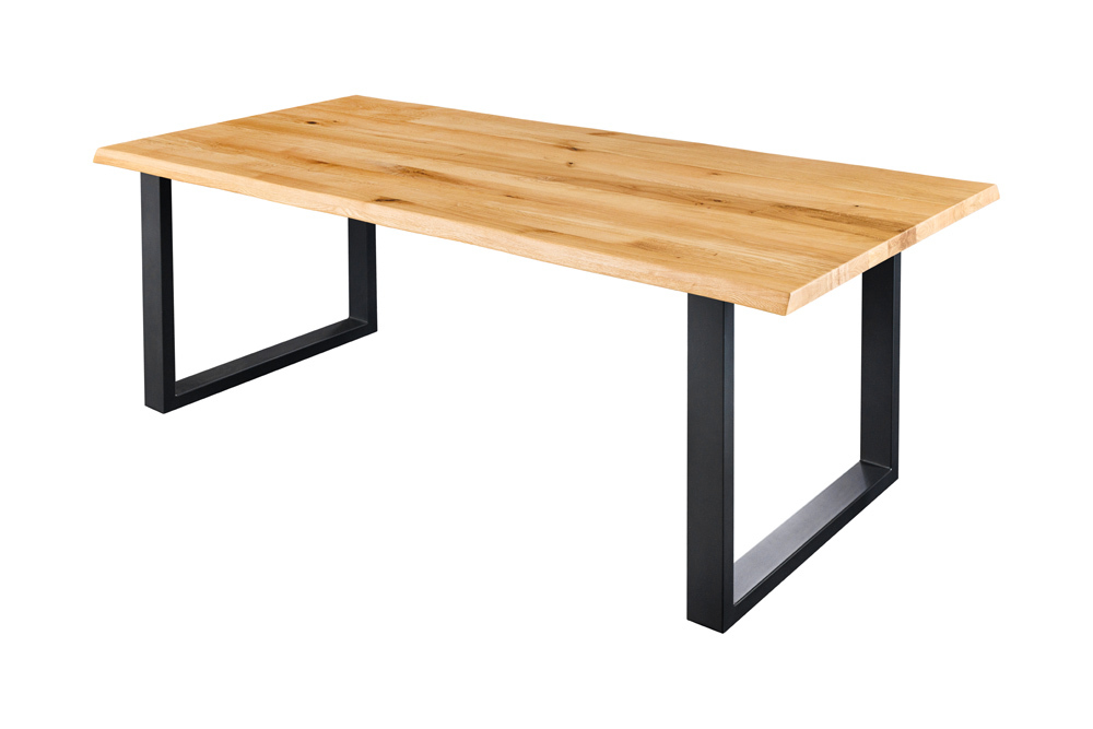 Massiver Esstisch WILD OAK 160cm natur schwarz Wildeiche Baumkante U-Gestell Metall