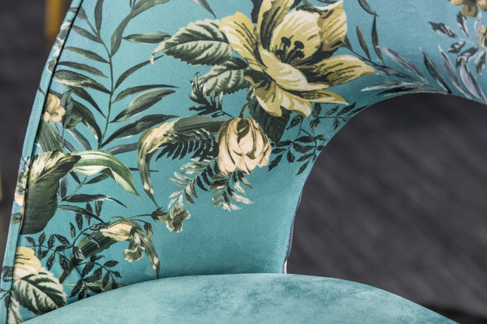 Design Stuhl PRÊT-À-PORTER türkis Samt florales Muster und goldene Fußkappen