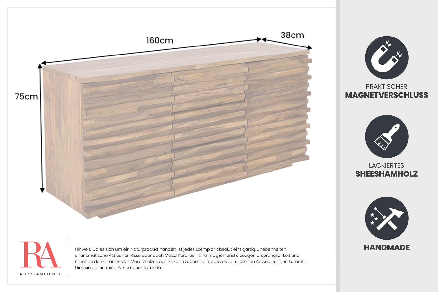 Massivholz Sideboard RELIEF 160cm braun Sheesham stone finish Kommode mit Schubladen