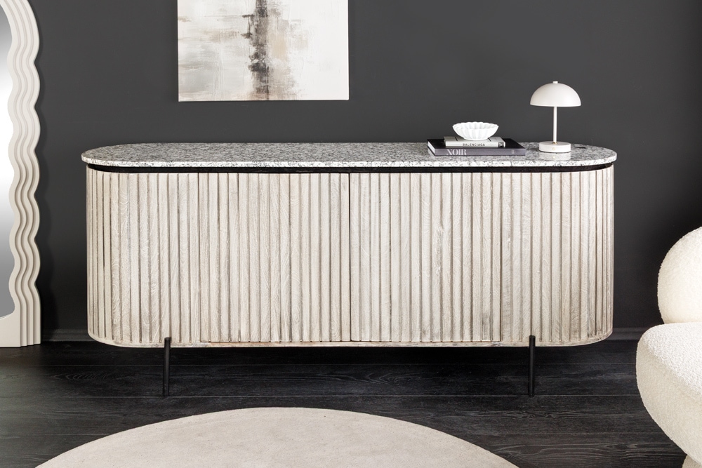 Massives Sideboard ADLON 170cm grau gebürstet Mangoholz mit weißer Marmorplatte