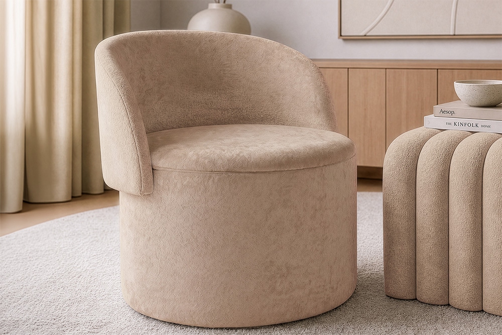 Sessel LUNA 65cm champagner greige Bouclé Polsterhocker mit klappbarer Rückenlehne und Stauraum
