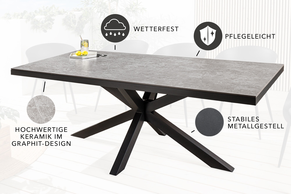 In- und Outdoor Esstisch GALAXIE 200cm hellgrau Keramik anthrazit Aluminium