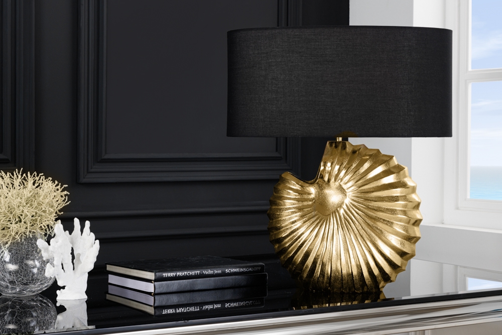Design Tischlampe SHELL 60cm gold schwarz Metall Stoffschirm maritim