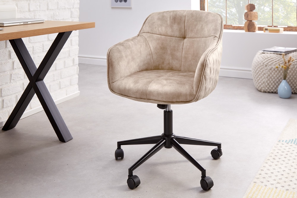 Höhenverstellbarer Design Bürostuhl EUPHORIA champagner greige Samt drehbar Ziersteppung