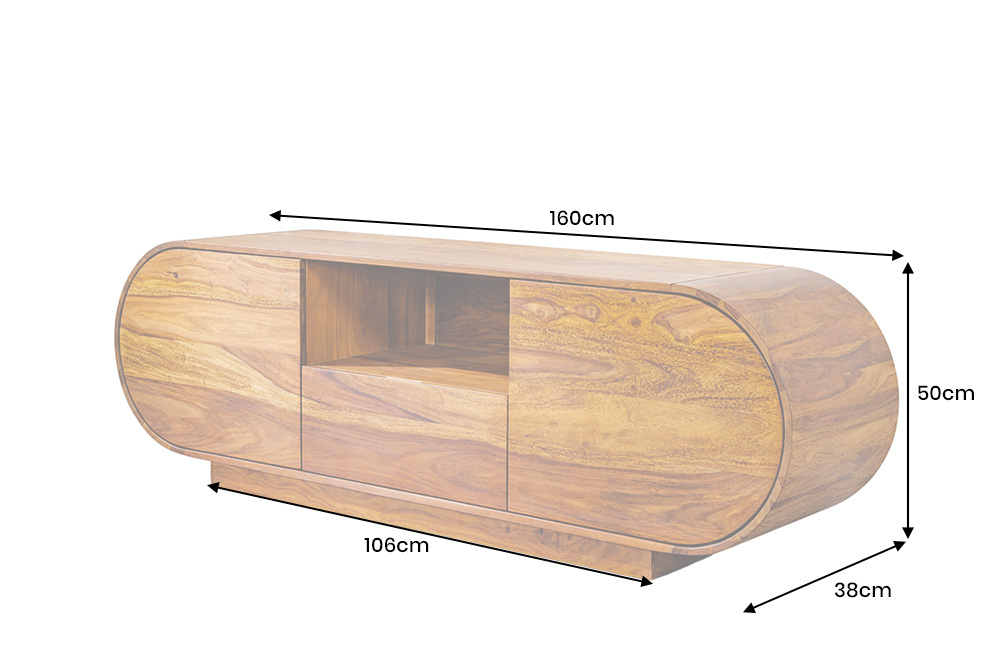 Massives TV-Board ORGANIKO 160cm braun Sheeshamholz stone finish ovales Lowboard