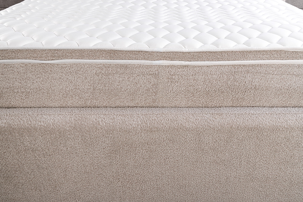 Modernes Boxbett ART DECO 180x200cm greige Bouclé mit Stauraum Matratze und Topper