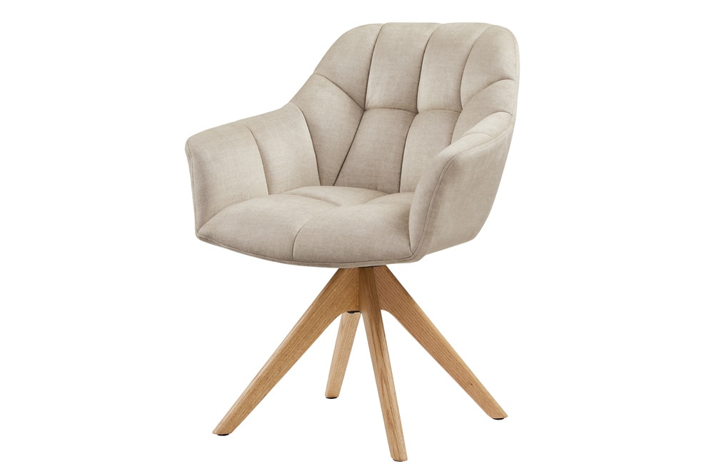 Drehbarer Design Stuhl PAPILLON beige Samt Eiche Massivholz mit Armlehnen