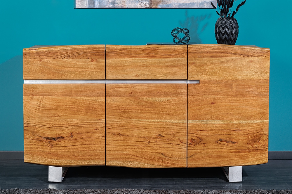 Massivholz Sideboard MAMMUT 135cm Akazie Kommode mit Schubladen Baumkante Edelstahl
