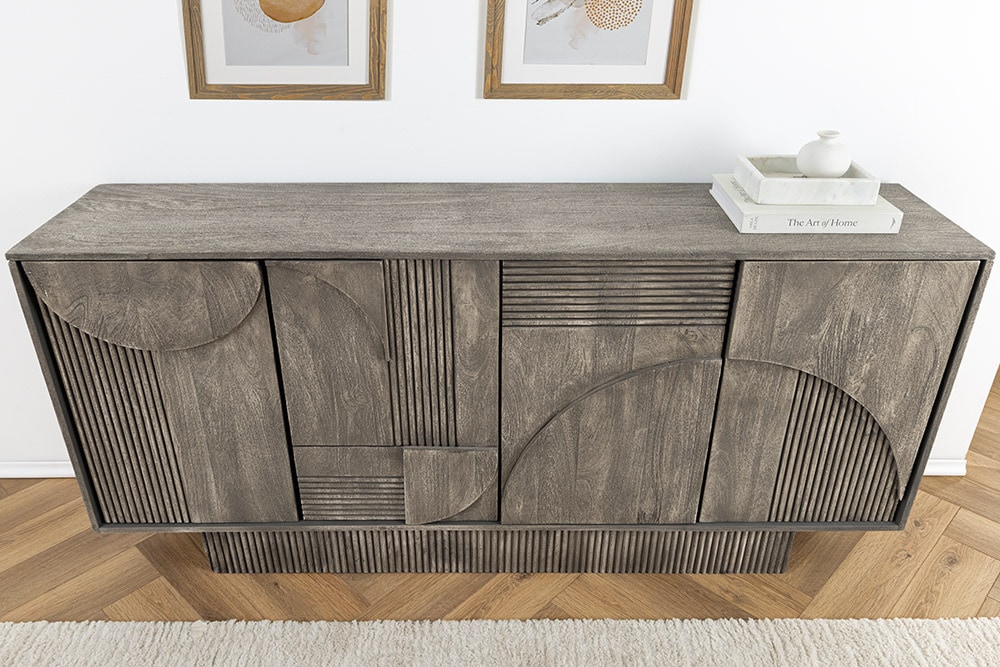 Design Sideboard ART DECO 170cm grau smoked Mangoholz massiv 3D-Front