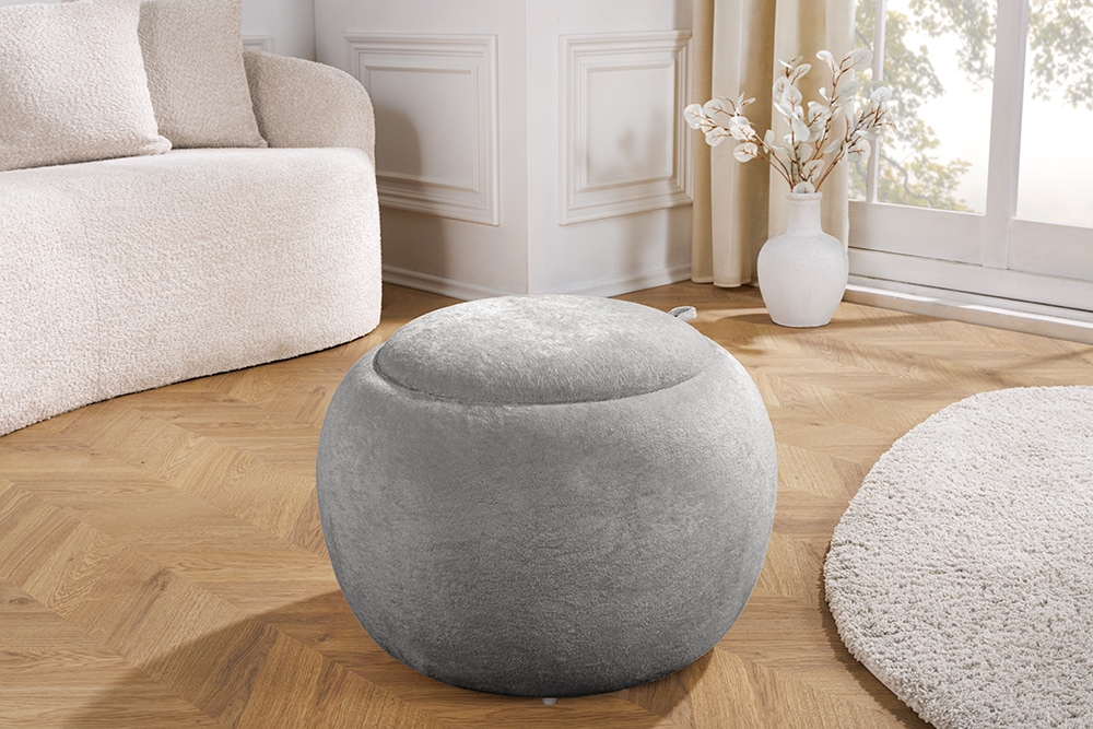 Runder Couchtisch ORBIT 50cm grau Bouclé Hocker mit Tablett und Stauraum