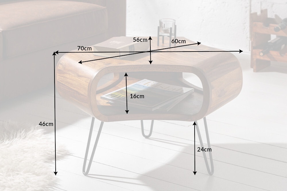 Retro Couchtisch ORGANIC LIVING 70cm braun Sheesham Massivholz stone finish Stauraum