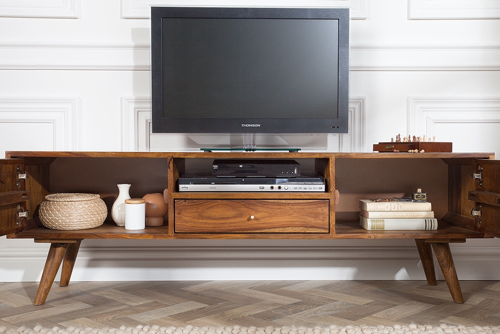 Massives TV-Board MYSTIC LIVING 140cm braun Sheesham Massivholz stone finish 3D -Front