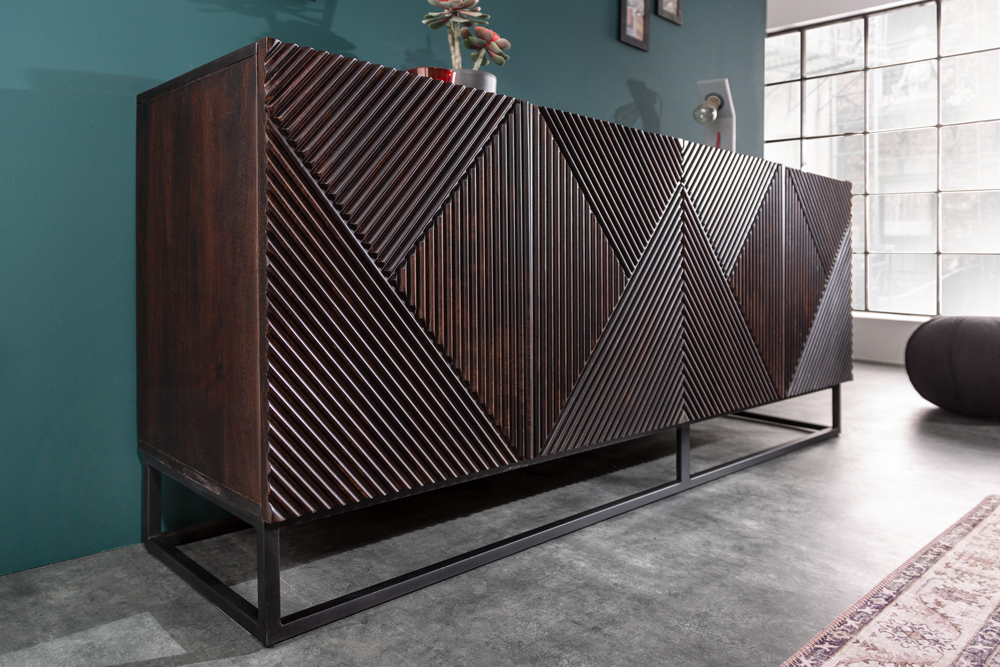Massives Sideboard CREATIVO 180cm Mangoholz aufwändige 3D Front Retro Design