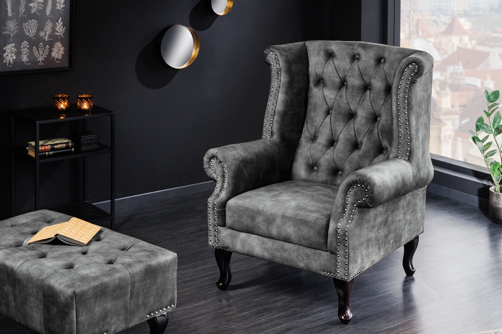 Design Ohrensessel CHESTERFIELD 105cm grau Samt silber Nieten