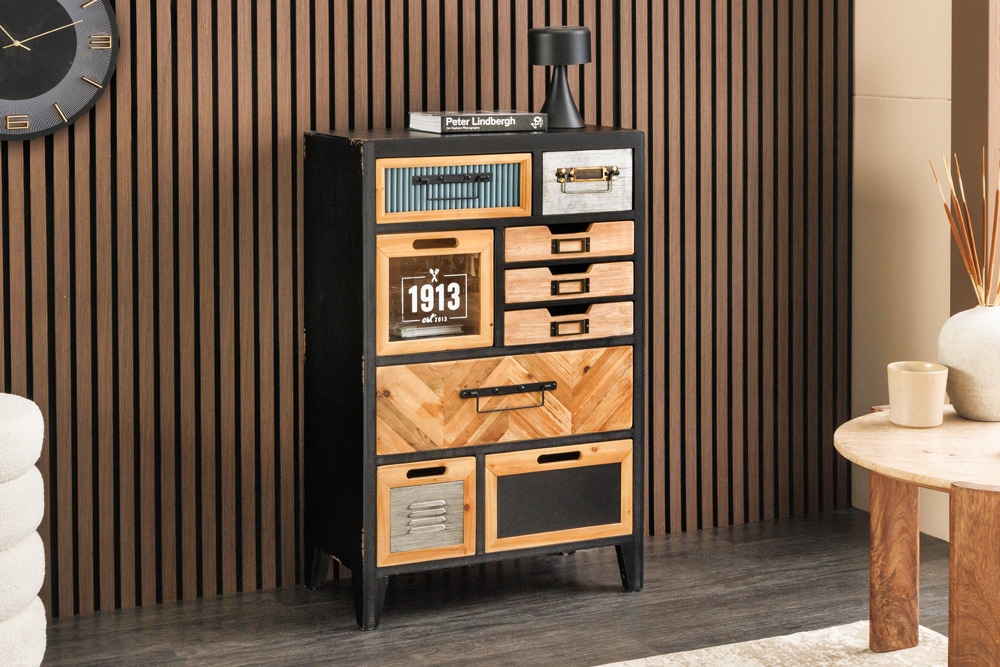 Industrial Schubladenschrank SECRETS 95cm natur braun schwarz Metall Pinienholz Kommode » Jetzt kaufen