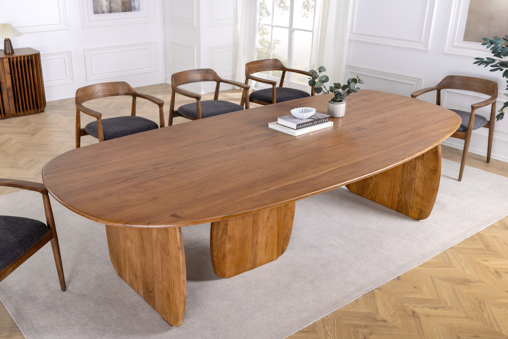 Design Esstisch SCULPTURA 240cm braun Akazie Massivholz mit skulpturalem Wangenfuß