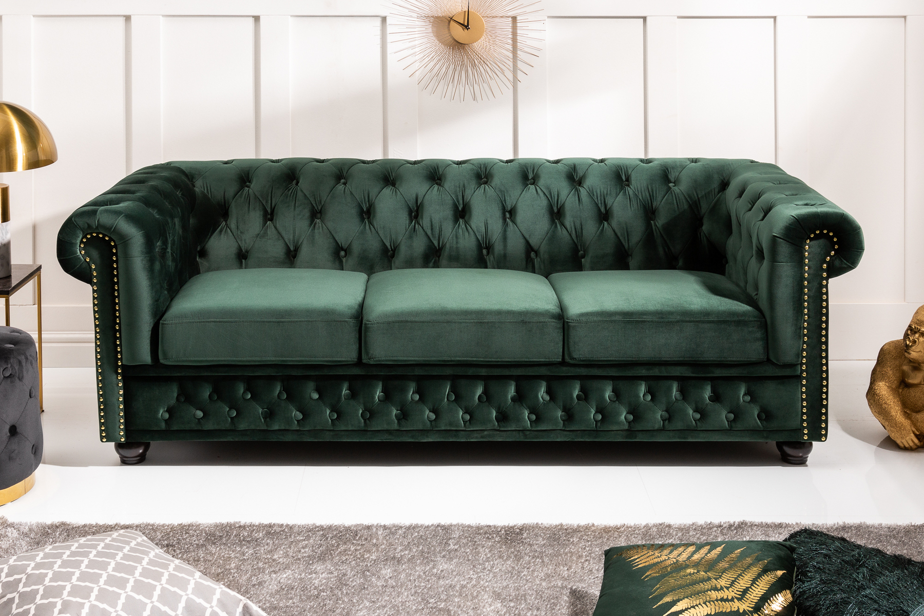 Chesterfield 3-Sitzer Sofa 205cm flaschengrün Samt Federkern Knopfheftung