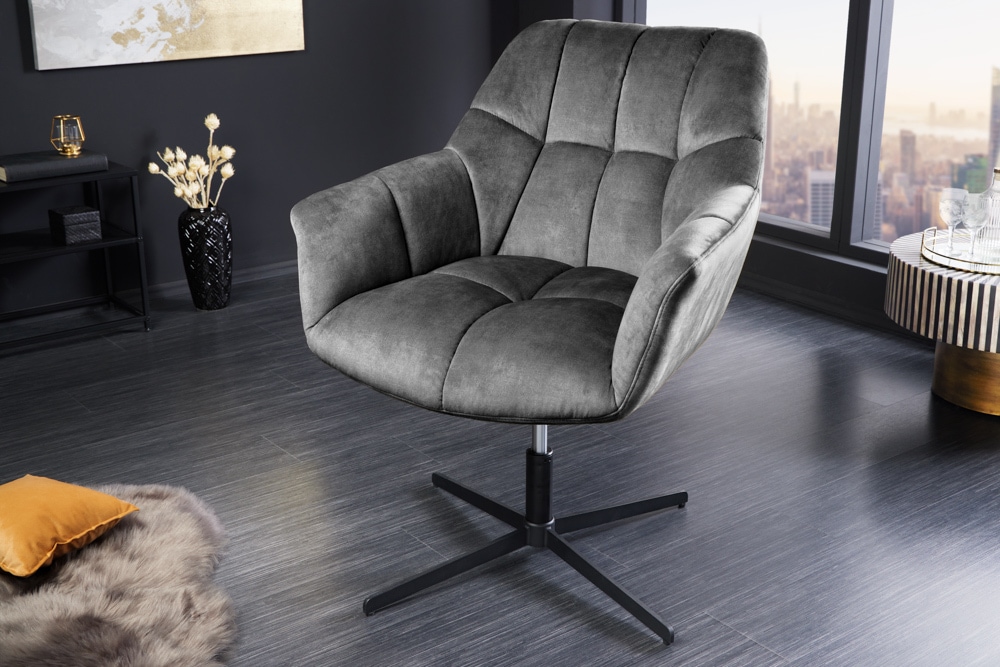 Drehbarer Sessel PAPILLON grau Samt schwarz Metall höhenverstellbar mit Armlehne