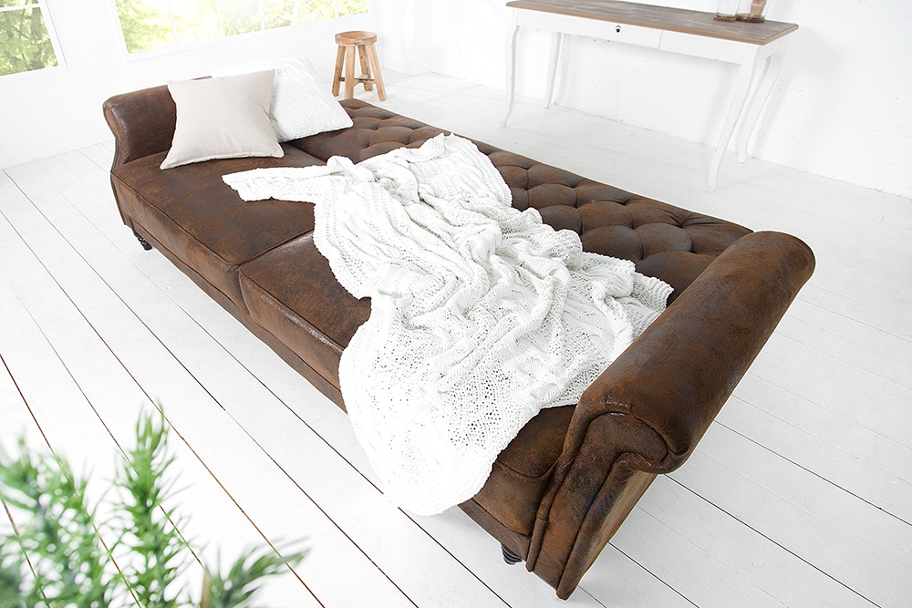 Chesterfield 3-Sitzer Sofa MAISON BELLE AFFAIRE 220cm antik braun Microfaser mit Schlaffunktion