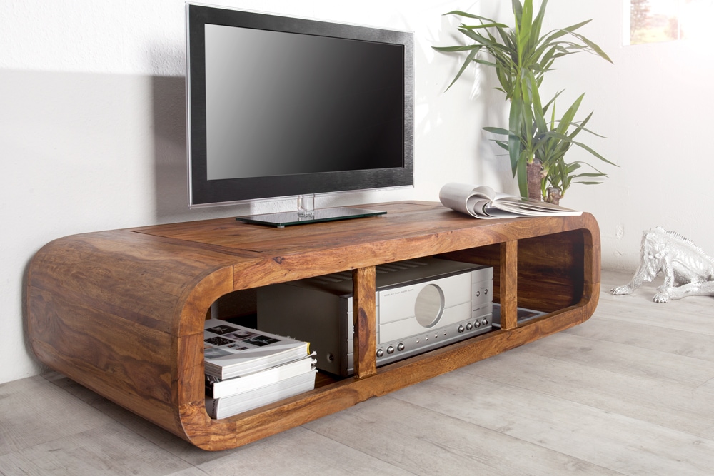 Massivholz Couchtisch CURVED 100cm braun Sheesham stone finish TV-Lowboard Stauraum