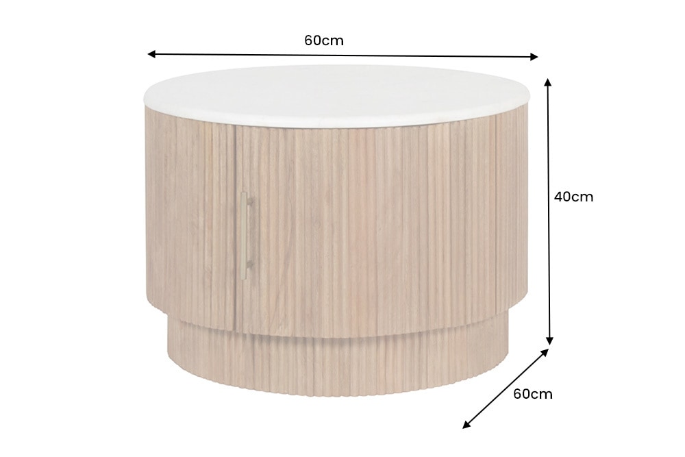 Runder Couchtisch TRES CHIC 60cm weiß Marmor natur Mangoholz mit Stauraum