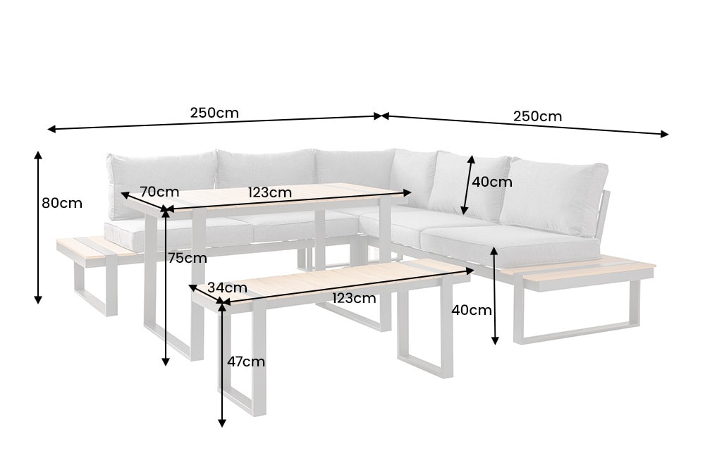 Wetterfestes Gartenmöbel Set TAMPA LOUNGE 250cm grau Aluminium inkl. Sitzbank Tisch Kissen