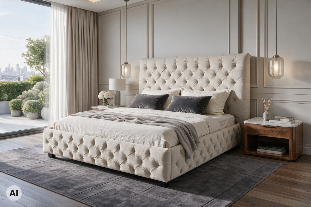 Design Boxbett PARIS 180x200cm beige Leinen Chesterfield Doppelbett