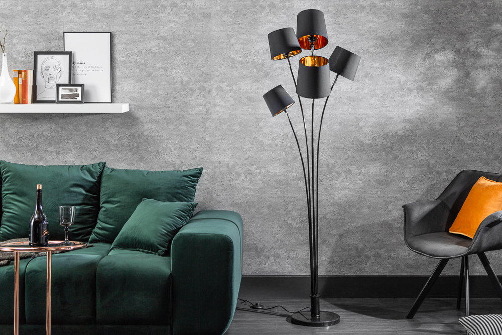 Design Stehlampe LEVELS 176cm mit 5 Leinenschirmen schwarz gold Stehleuchte