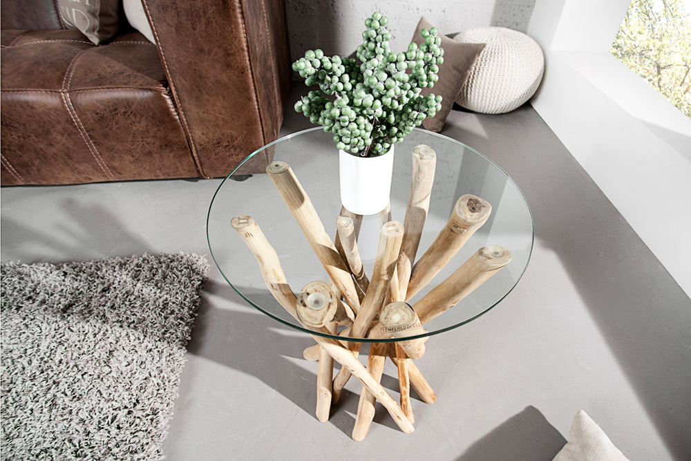 Design Beistelltisch DRIFTWOOD 40cm Teakholz mit Glasplatte rund Couchtisch