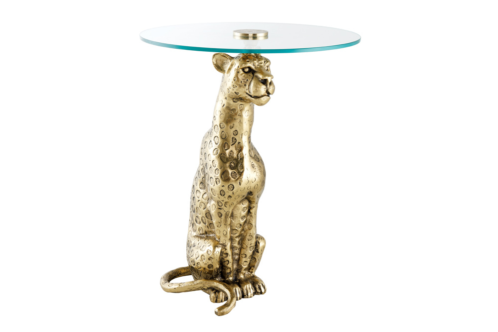 Runder Beistelltisch WILDLIFE PANTHER 60cm gold antik Metall Glas Skulptur handmade