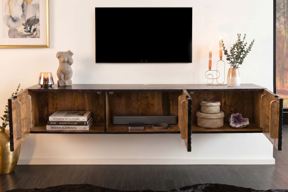 Hängendes TV-Board ILLUSION 160cm schwarz Mangoholz Massivholz mit 3D Schnitzereien gold