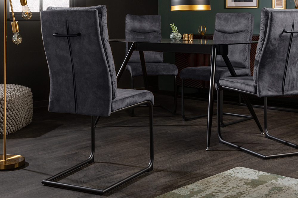 Moderner Freischwinger Stuhl COMFORT grau Samt mit Komfortgriff