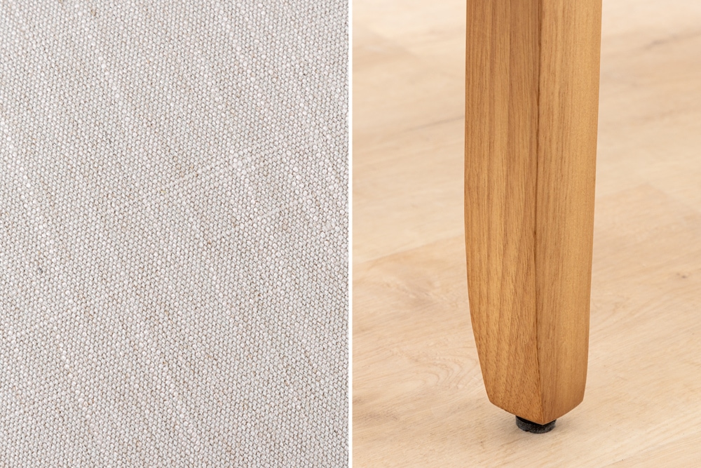 Design Stuhl CASA beige Leinen Massivholzbeine mit Zierknöpfen und Nackenrolle