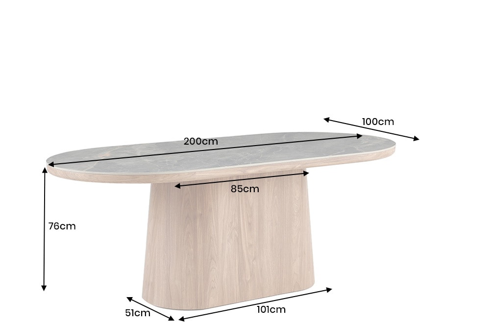 Ovaler Esstisch UNIQUE 200cm grau braun Keramik Walnuss Säulenfuß