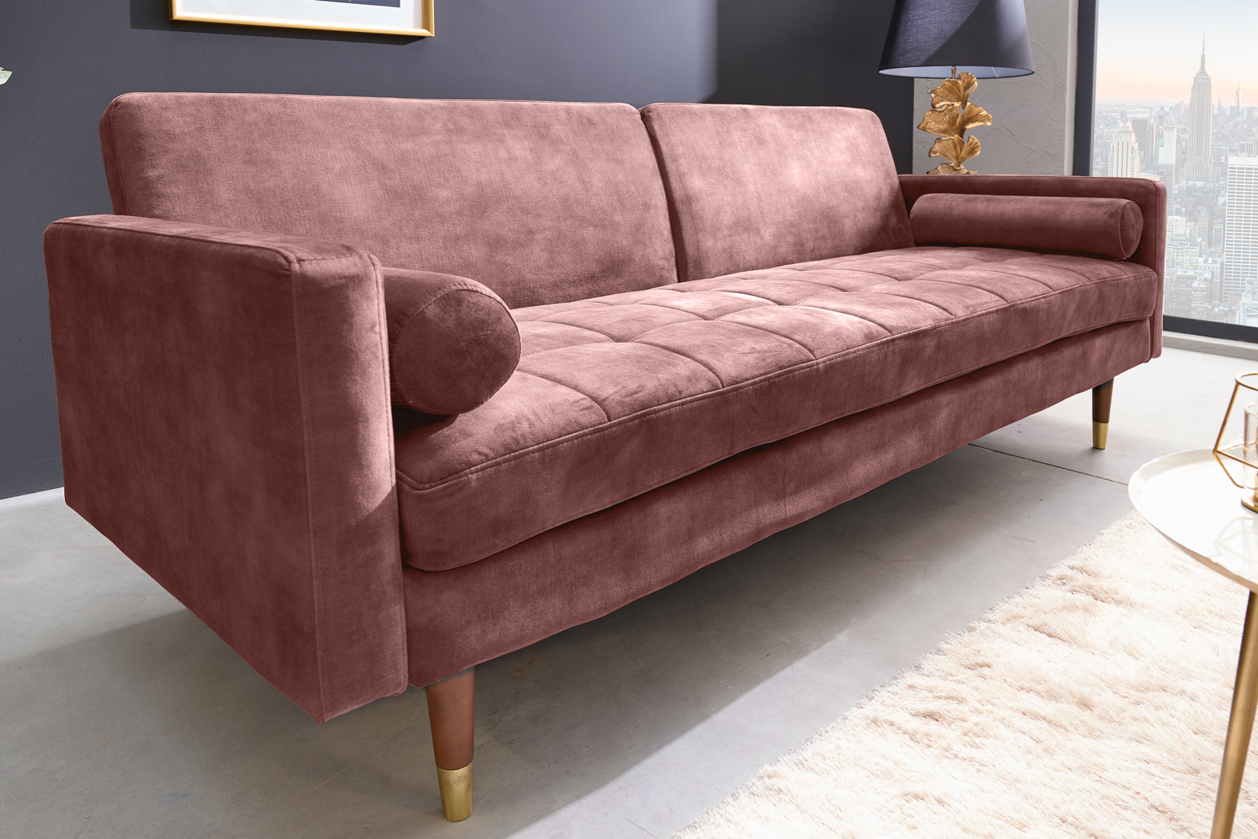Modernes Schlafsofa COUTURE 200cm altrosa Microvelours 3-Sitzer Couch mit Schlaffunktion