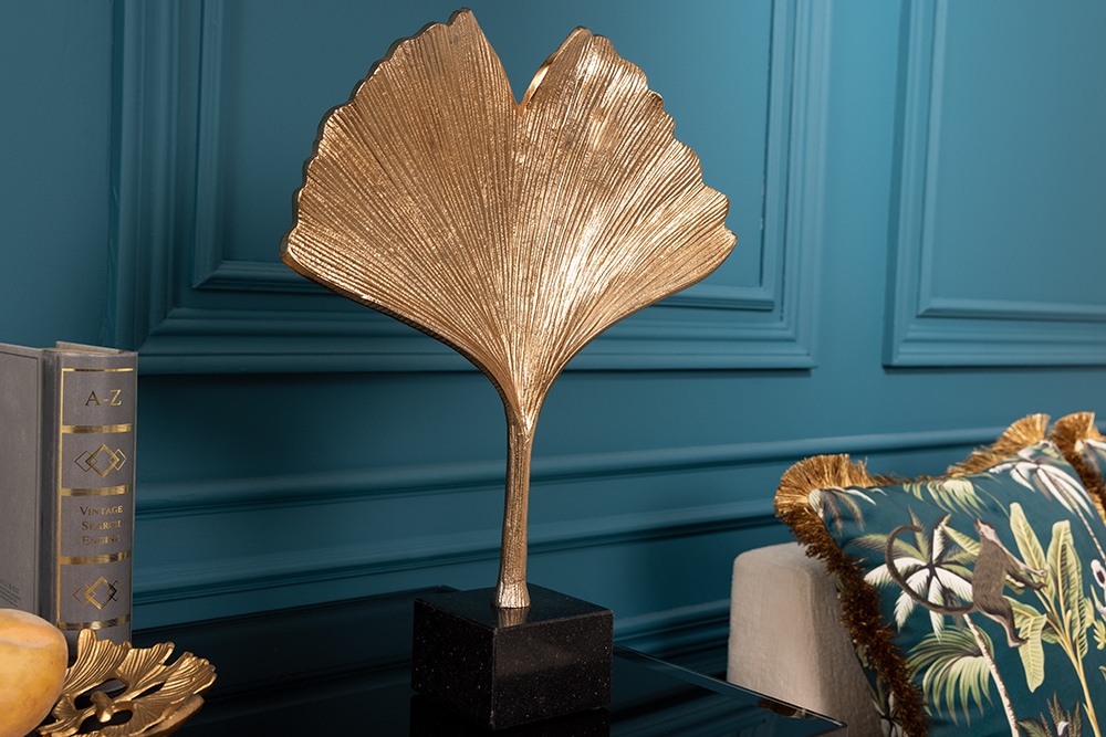 Dekorative Skulptur GINKGO LEAF 44cm gold handmade Metall mit Marmorsockel