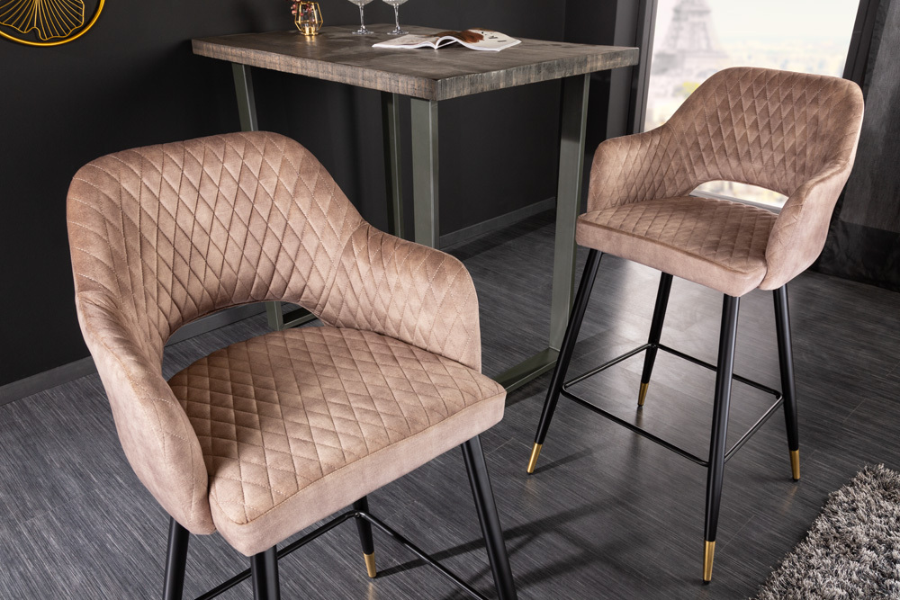 Design Barhocker PARIS greige Samt mit Lehne Metall schwarz gold Ziersteppung